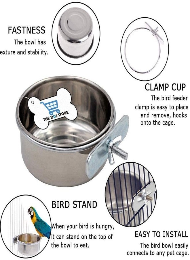 THE DDS STORE Bird Feeding Dish Cups, Parrot Food Bowl Holder-Stainless Steel Coop Cup, Bird Cage Water Bowl for Parakeet African Greys Conure Cockatiels Lovebird Budgie Chinchilla (300.ml Clamp Pack of 2) - Image 2